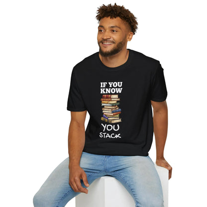 Stack Life T-Shirt featuring a playful stack of books, relaxed fit unisex design, perfect gift for readers 📖.