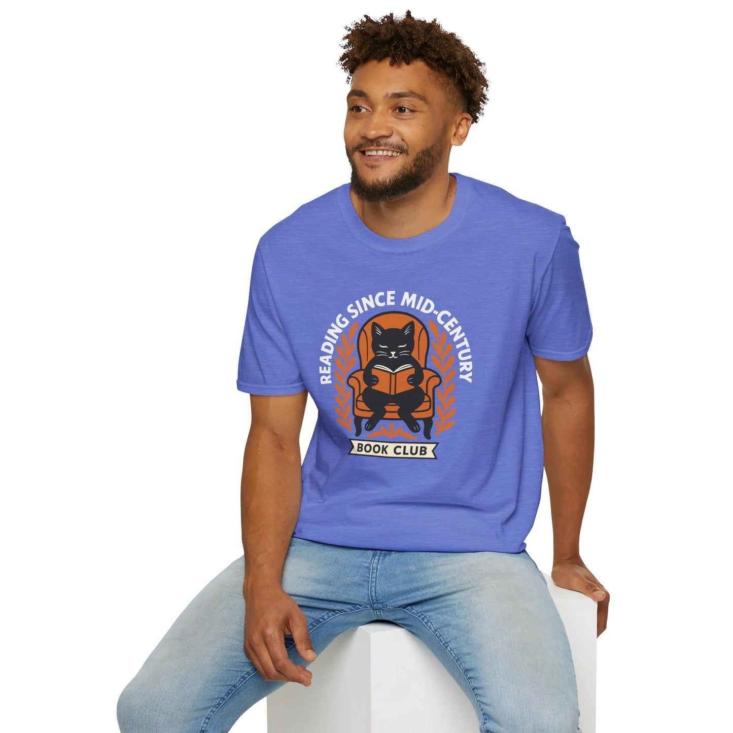 Mid-century reader t-shirt with a cat reading a book, perfect gift for book lovers who enjoy cozy reads, coffee, and humor.