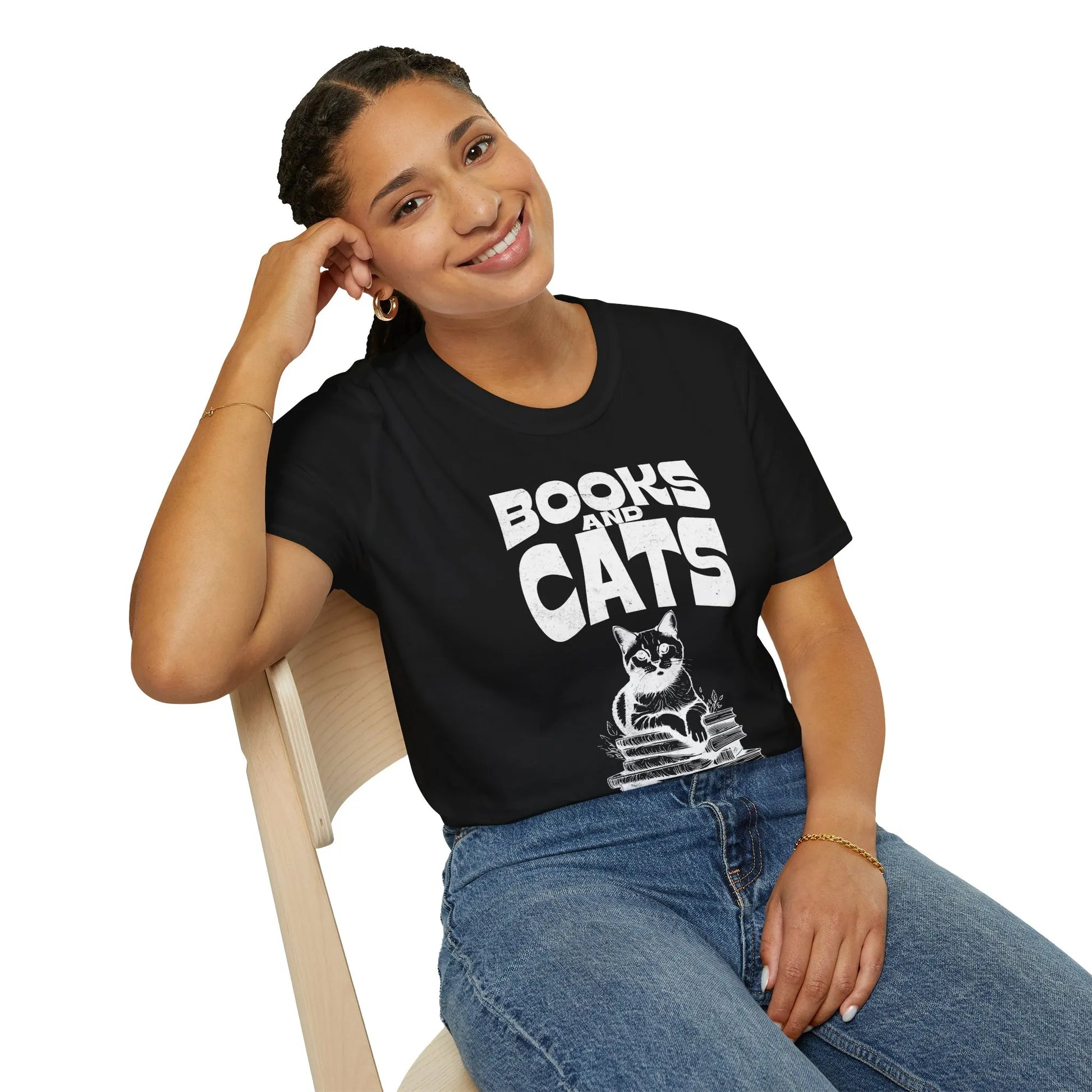 Books & Cats Club T-Shirt featuring a cat on books, perfect for cozy book lovers and gifts for readers who adore felines.