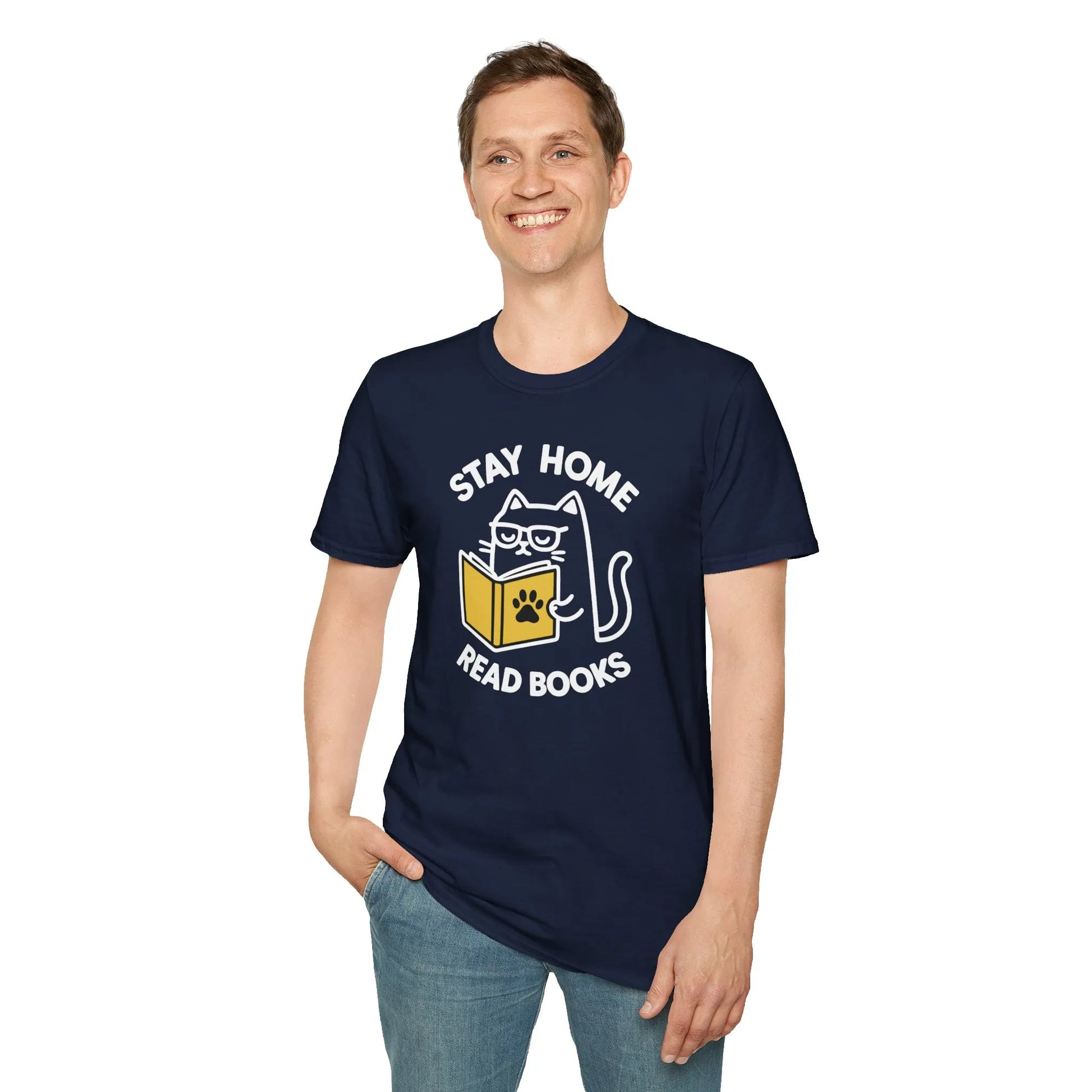 Funny cat reading shirt with text 'Stay Home Read Books' perfect for cozy book lovers who enjoy a good laugh.