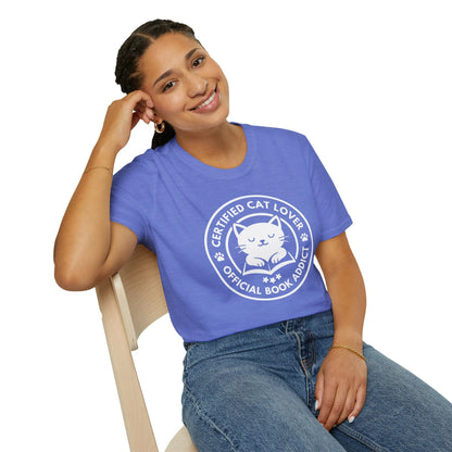Funny reading tee featuring a cat graphic, showing 'Certified Cat Lover' and 'Official Book Addict' text, perfect for cozy book lovers.