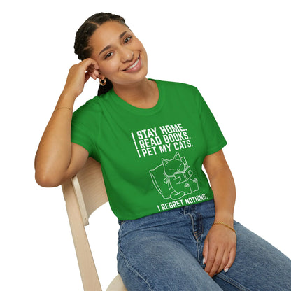 Cozy green book lover shirt featuring a cat and humorous text: 'I stay home, read books, I pet my cats. I regret nothing.'