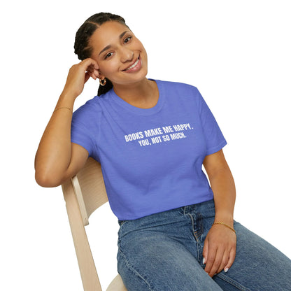 Books Over People T-Shirt, a relaxed fit unisex tee in blue, perfect for book lovers & introverts 📖, made from organic cotton.
