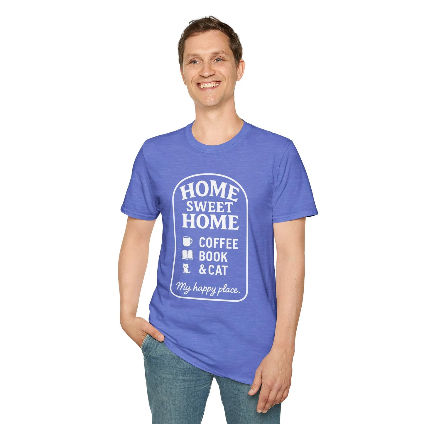 Homebody Bliss T-Shirt featuring 'Home Sweet Home' with icons for coffee, book, and cat, perfect for book lovers and cozy vibes.
