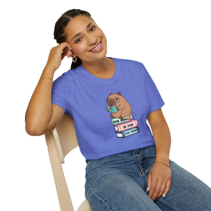 Capybara Reader T-Shirt featuring a cute capybara with books, relaxed fit unisex tee perfect for book lovers 📖.