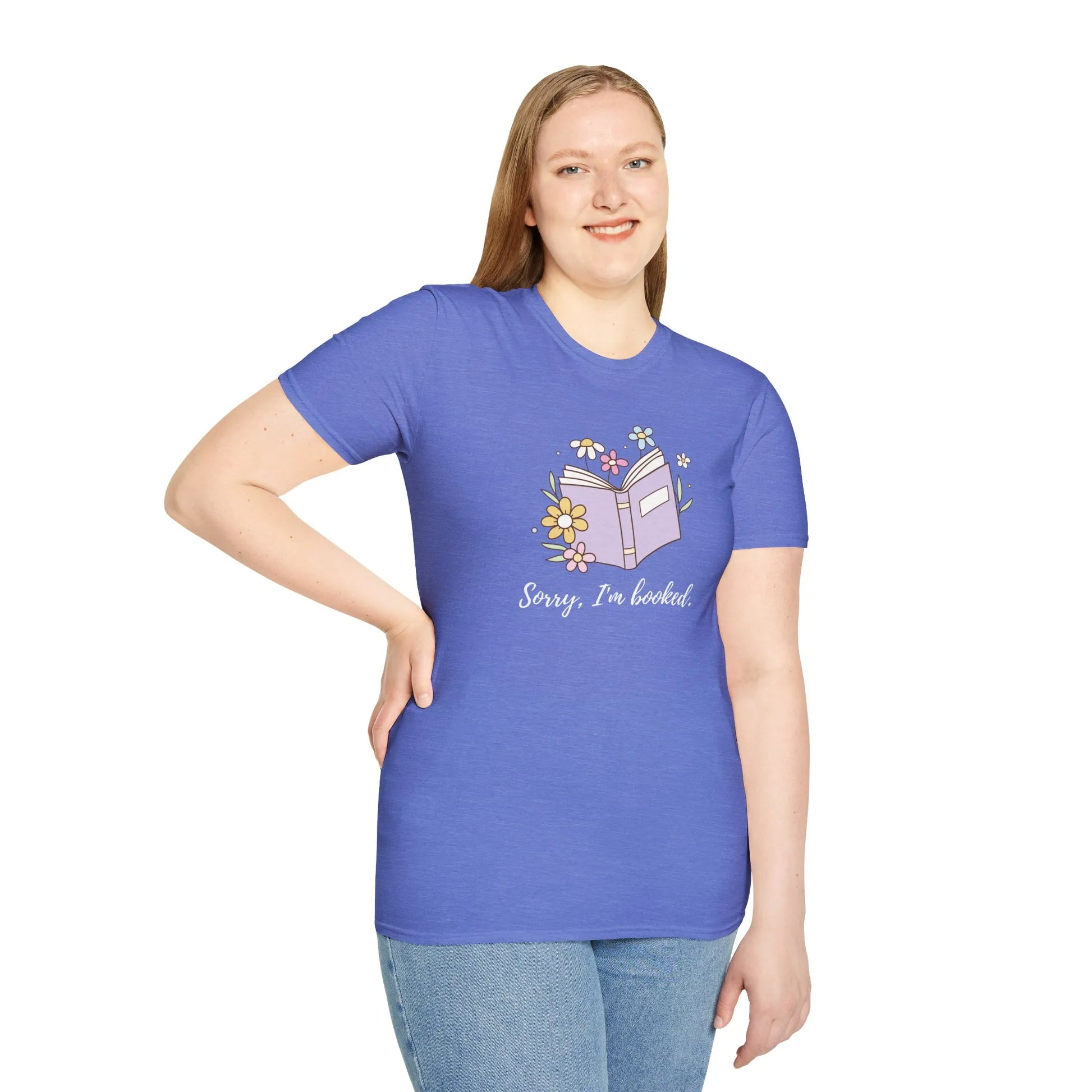 Sorry, I’m Booked T-Shirt featuring a relaxed fit unisex design with a whimsical book and flowers, perfect for cozy reading vibes 📖.