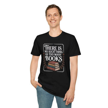 A joyful book lover wearing the Too Many? Never. T-Shirt, surrounded by cozy reading nooks, with a cat and books, capturing relaxed, bookish vibes.