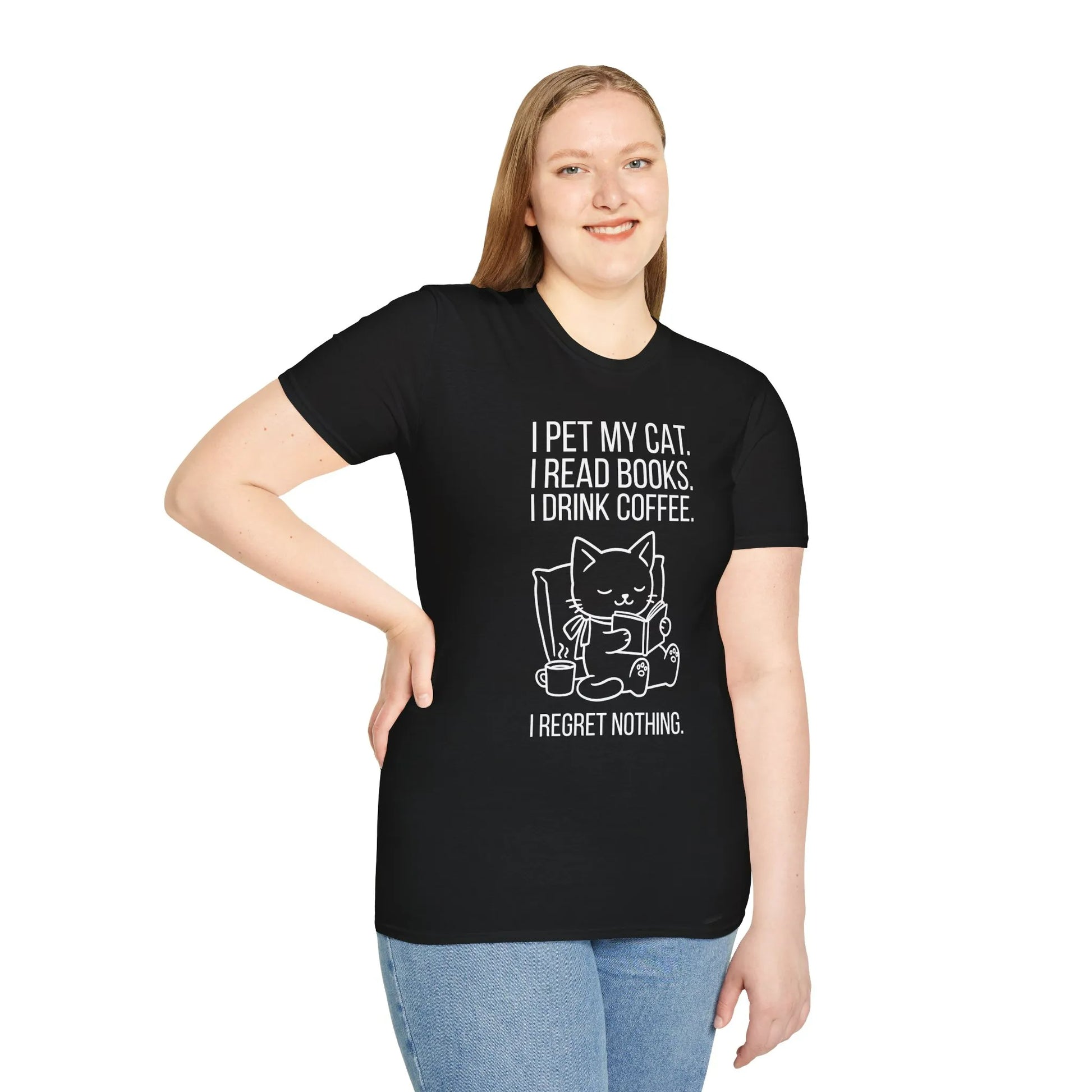 Person wearing a black t-shirt with a cat-themed quote on a white background