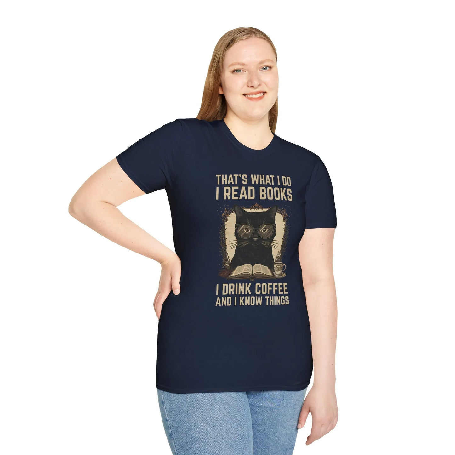 Coffee Cat Reader T-Shirt featuring a black cat in glasses on an organic cotton, relaxed fit unisex shirt for book lovers ☕️📖.