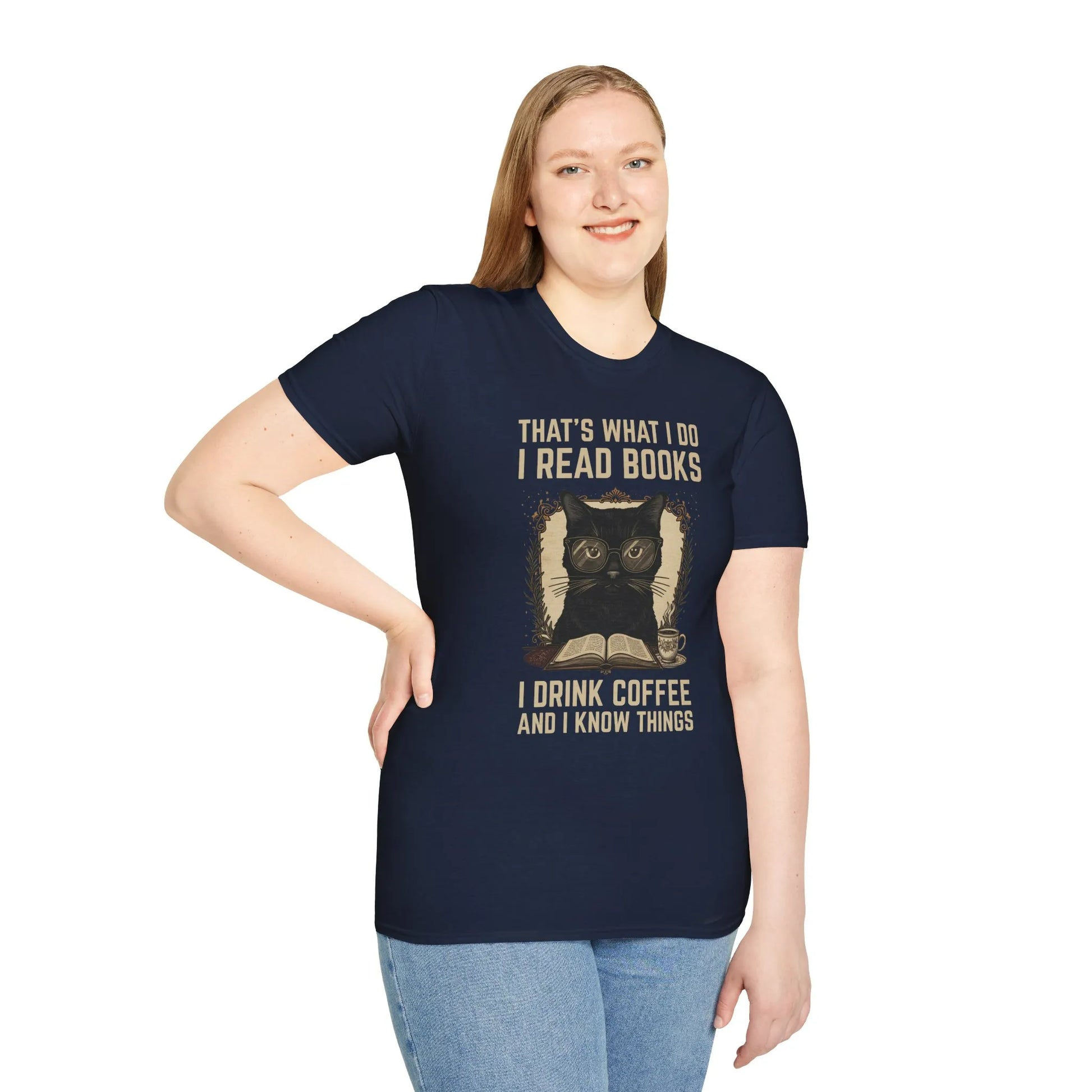 Coffee Cat Reader T-Shirt featuring a black cat in glasses on an organic cotton, relaxed fit unisex shirt for book lovers ☕️📖.