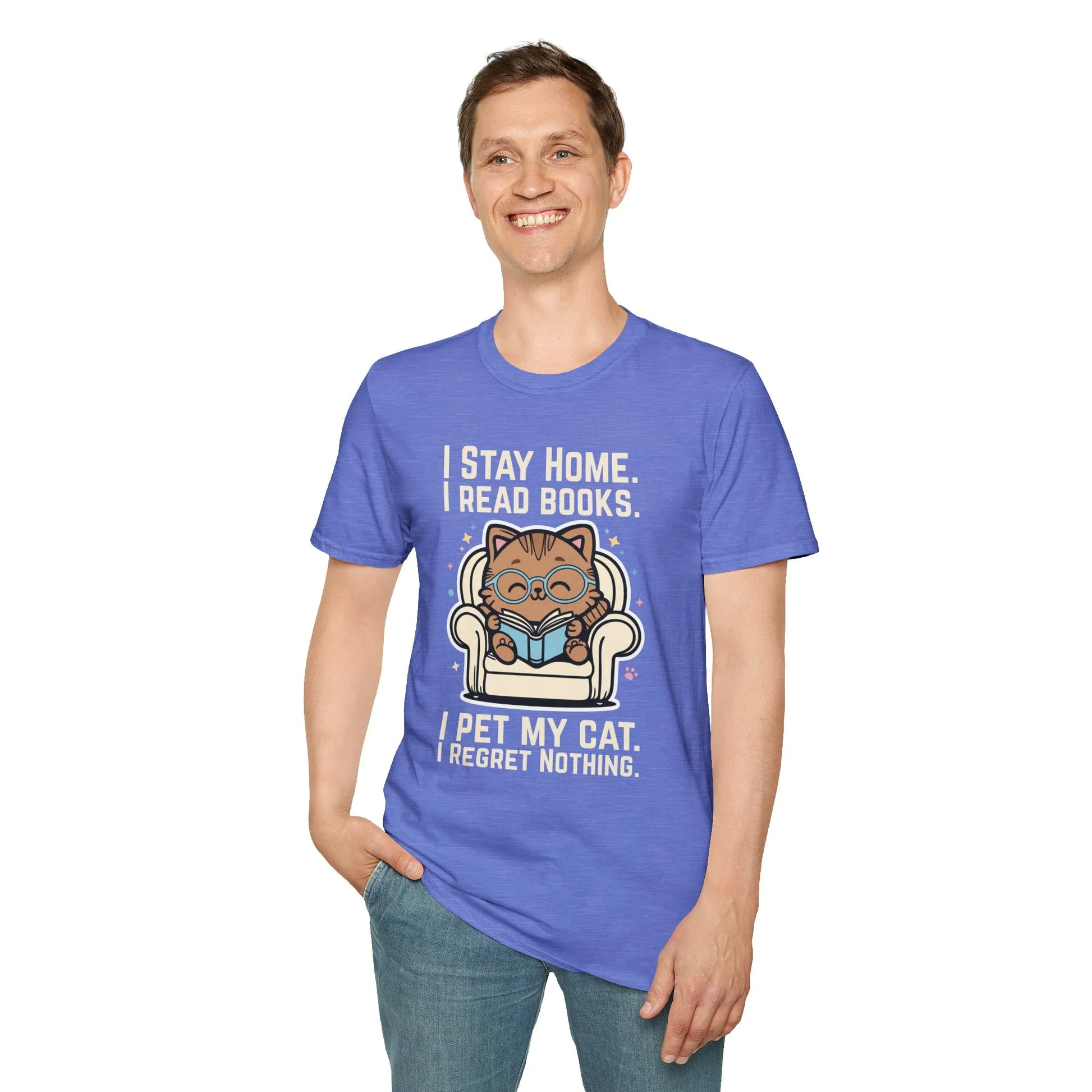 Starry Cat Reader T-Shirt featuring a cute cat in glasses on a couch with a book, perfect for cozy nights and book lovers.