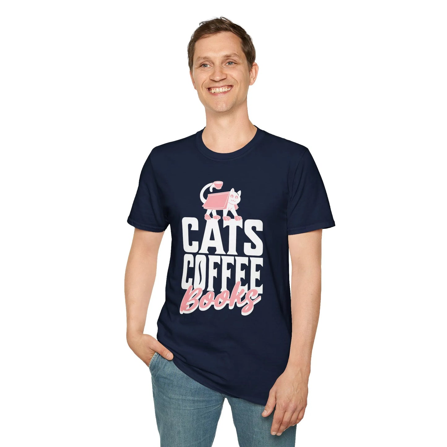Man wearing a navy t-shirt with bold text 'CATS COFFEE Books' and a playful cat illustration, perfect for book lovers.