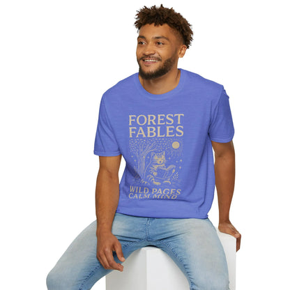 Whimsical Forest Fables shirt with a cat reading under a tree, perfect for cozy book lovers and gift seekers.