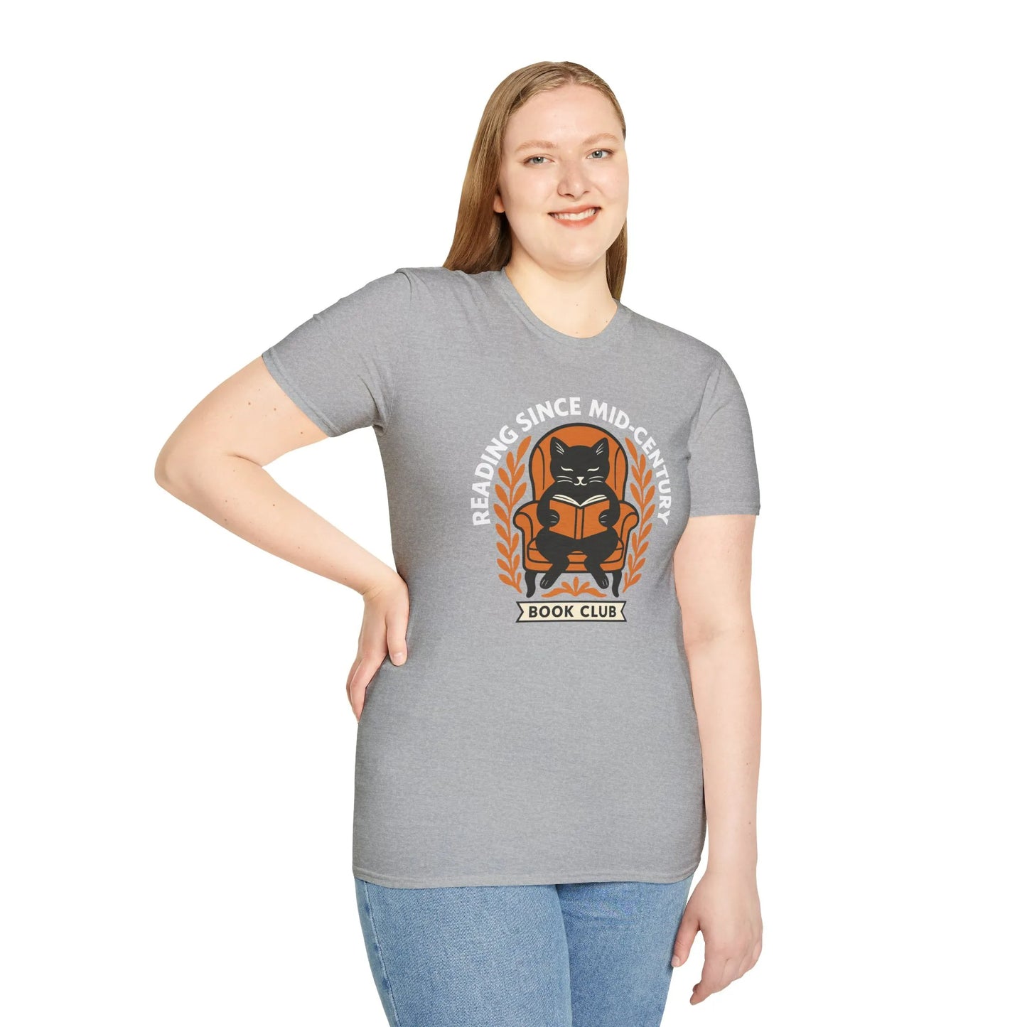 Cute cat illustration on a grey t-shirt saying "Reading Since Mid-Century, Book Club"—perfect for book lovers and cat fans.