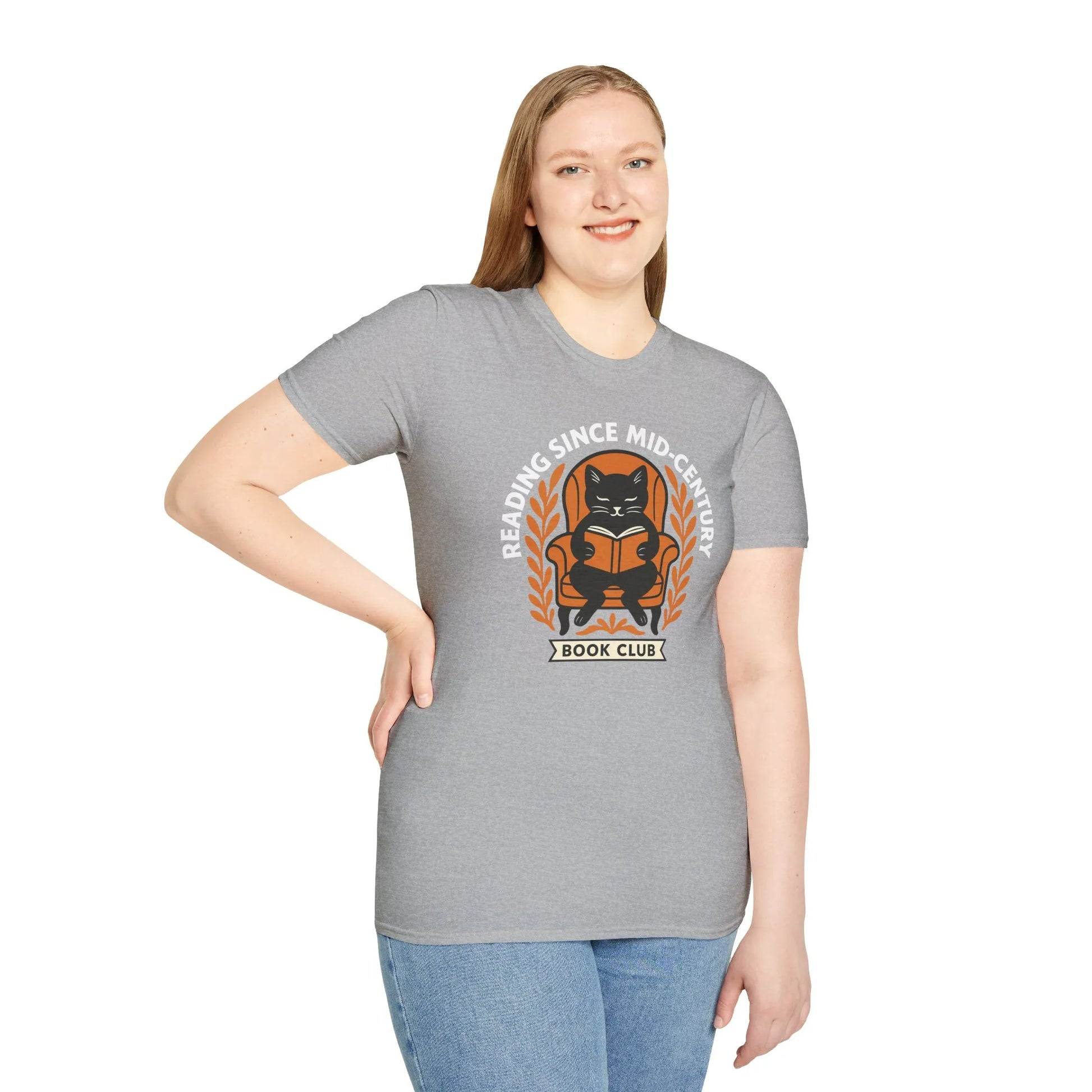 Cute cat illustration on a grey t-shirt saying "Reading Since Mid-Century, Book Club"—perfect for book lovers and cat fans.