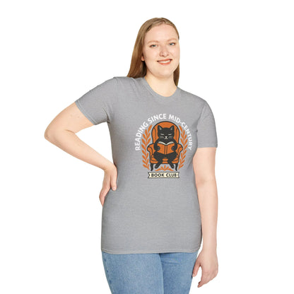Cute cat illustration on a grey t-shirt saying "Reading Since Mid-Century, Book Club"—perfect for book lovers and cat fans.