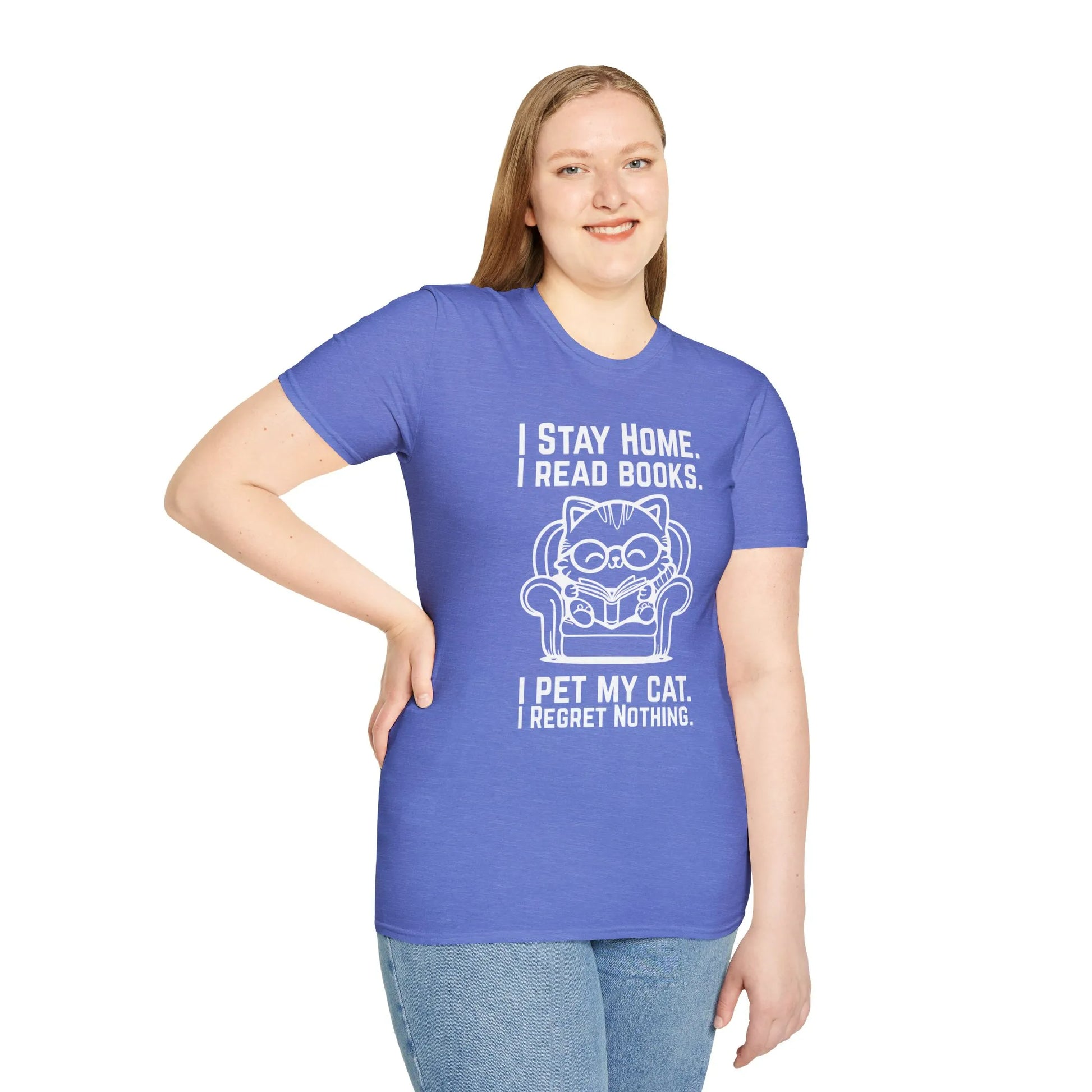No Regrets, Just Cats T-Shirt featuring a cozy cat illustration and humorous text for book lovers and cat fans.