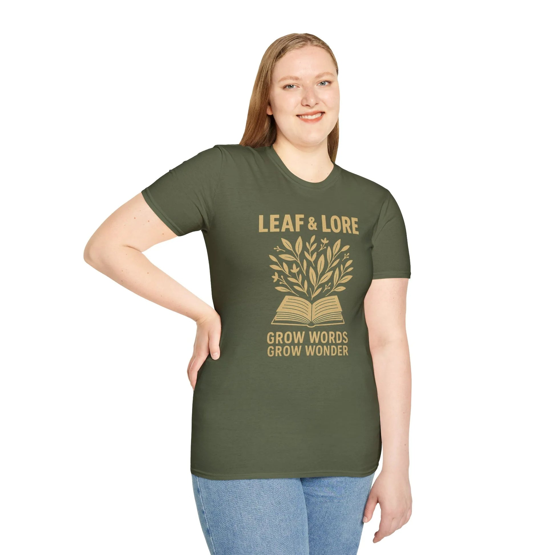 Leaf & Lore T-Shirt featuring an open book sprouting leaves, perfect for book lovers who enjoy coffee or tea.