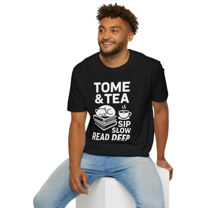 Cozy Tome & Tea T-shirt with a cat on books, playful text for book lovers who enjoy tea; perfect gift for readers!