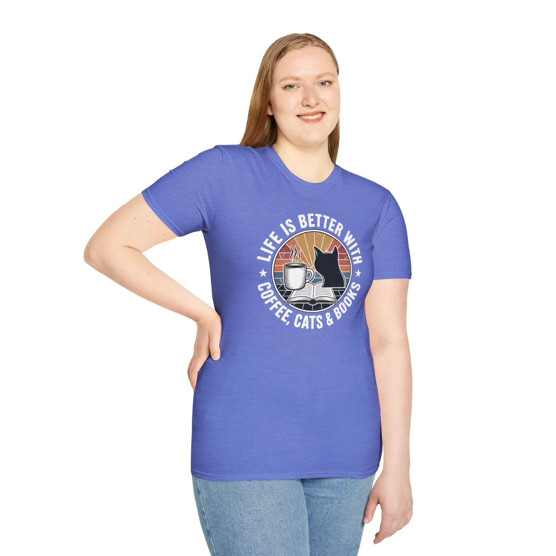 Cozy blue t-shirt with illustration of a cat, coffee cup, and text: 'Life is better with coffee, cats & books'—perfect gift for book lovers!