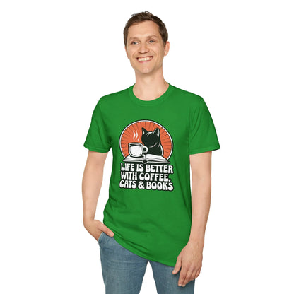 Unisex green t-shirt featuring a cat, coffee cup, and text 'Life is better with coffee, cats & books' — perfect gift for book lovers.