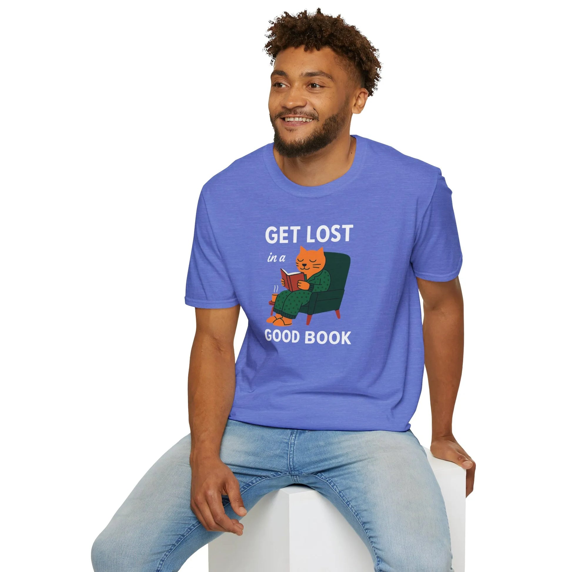 Cozy cat reading shirt with text 'Get Lost in a Good Book'; perfect gift for book lovers, tea, and cat enthusiasts.