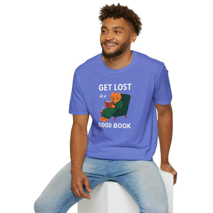 Cozy cat reading shirt with text 'Get Lost in a Good Book'; perfect gift for book lovers, tea, and cat enthusiasts.