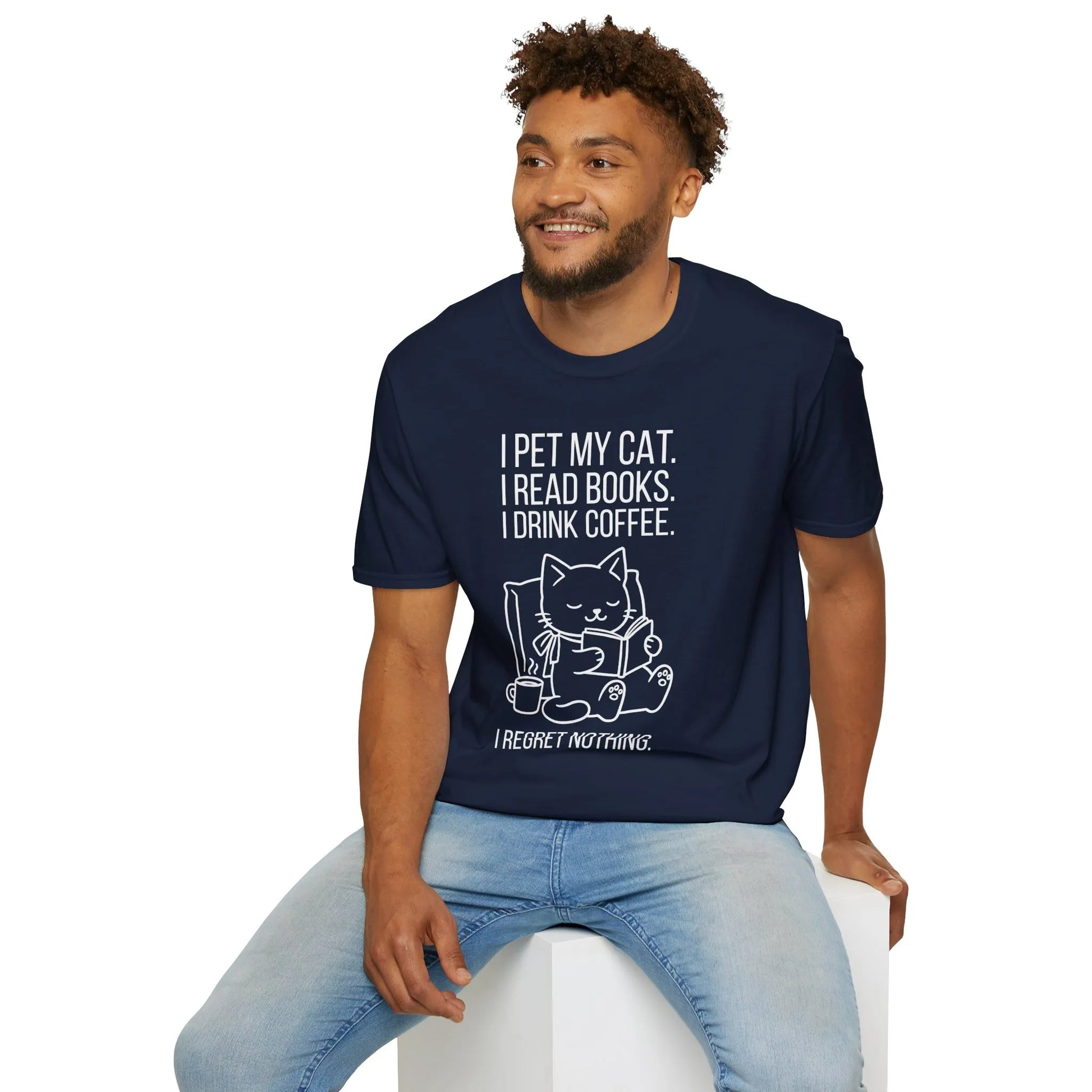 Funny reading tee featuring a cute cat with text: 'I pet my cat. I read books. I drink coffee. I regret nothing.' Perfect gift for book lovers!