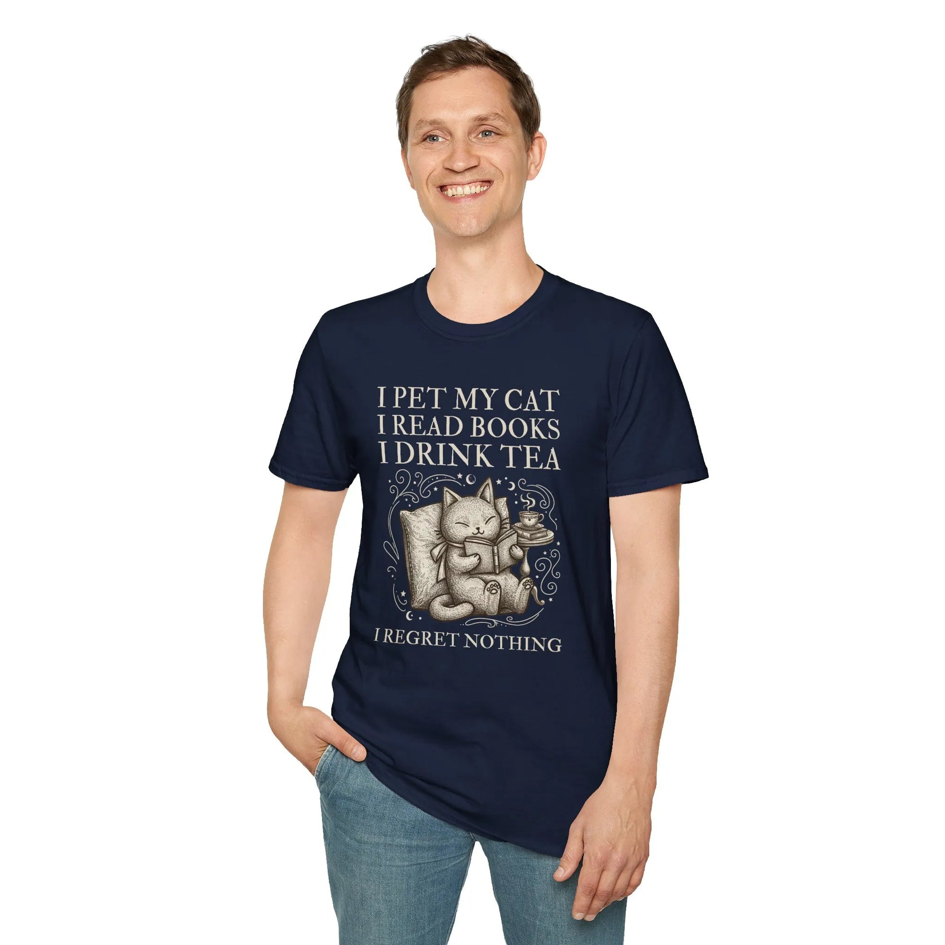 Tea, Cats & Books T-Shirt featuring a happy cat with a book and tea, perfect for book lovers and cat enthusiasts.