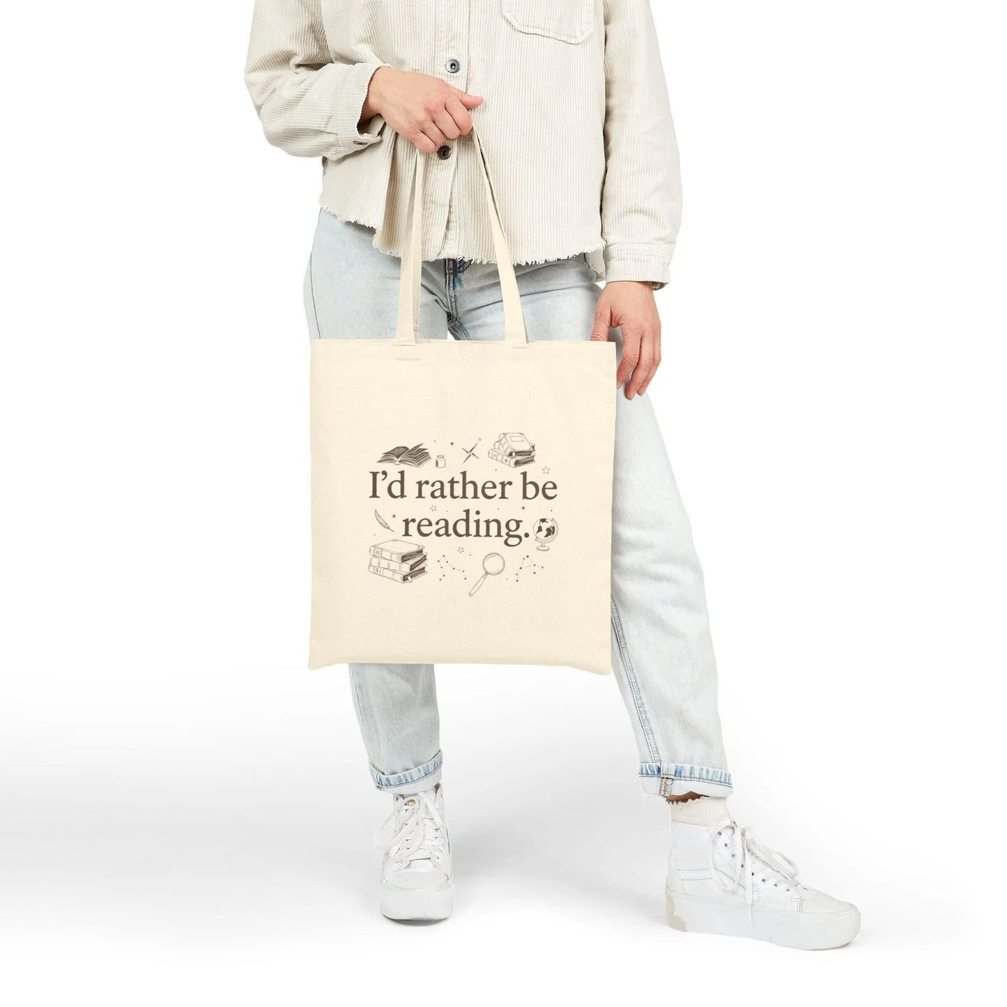 Rather Be Reading 2 Tote Bag with vintage book illustrations and text "I’d rather be reading." Perfect for book lovers.