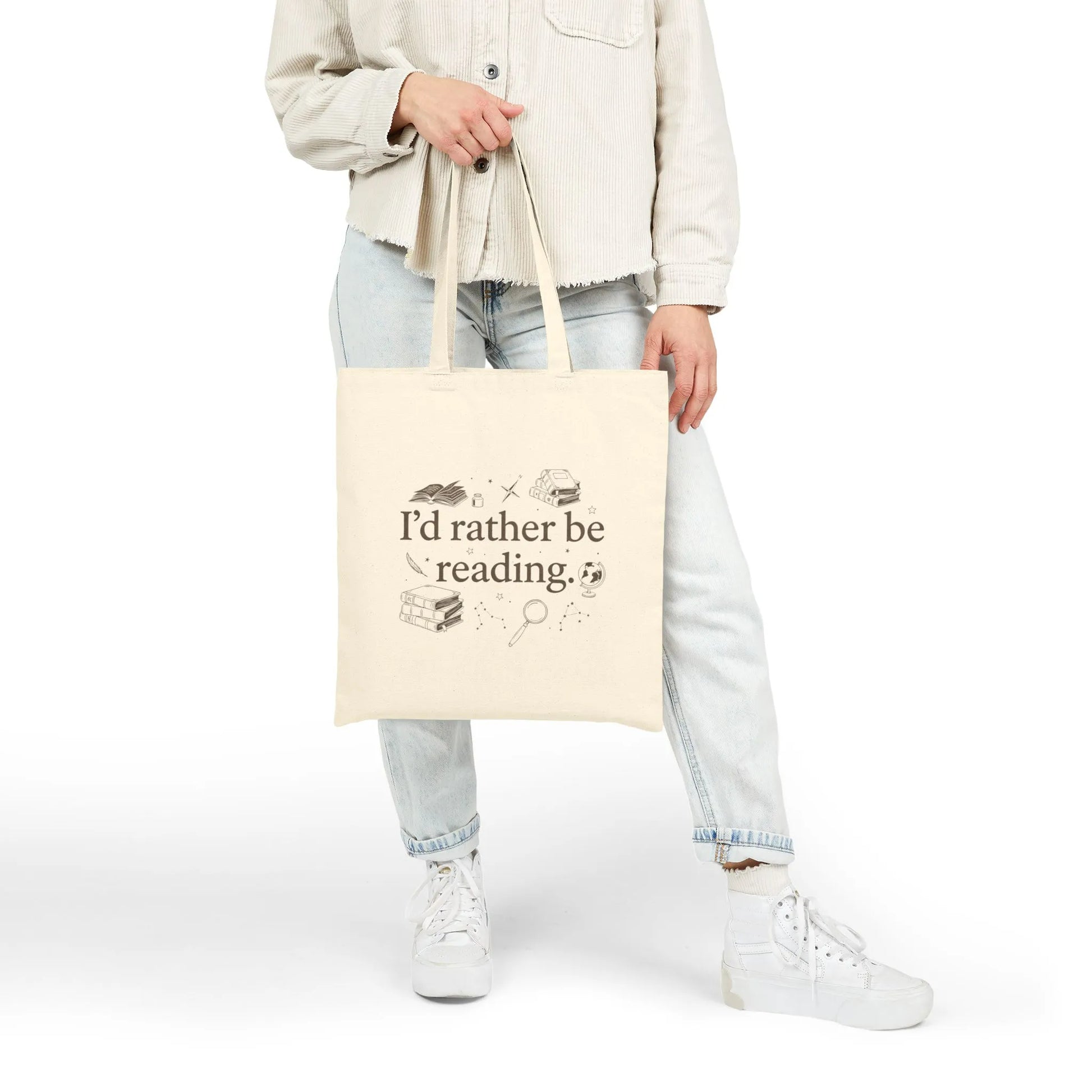 Rather Be Reading 2 Tote Bag with vintage book illustrations and text "I’d rather be reading." Perfect for book lovers.