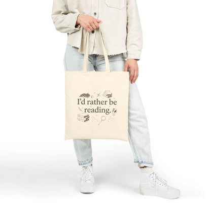 Rather Be Reading 2 Tote Bag with vintage book illustrations and text "I’d rather be reading." Perfect for book lovers.