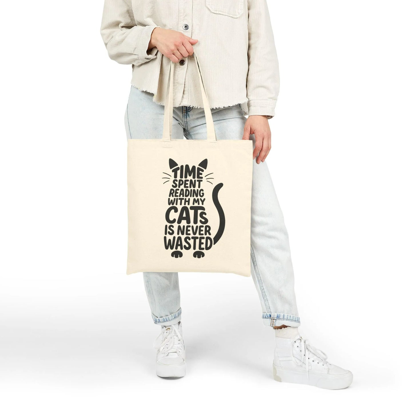 Introducing the Never Wasted with Cats Tote Bag, featuring playful cat typography and the quote 'Time Spent Reading with My Cats is Never Wasted'. Perfect for book lovers and cat enthusiasts!