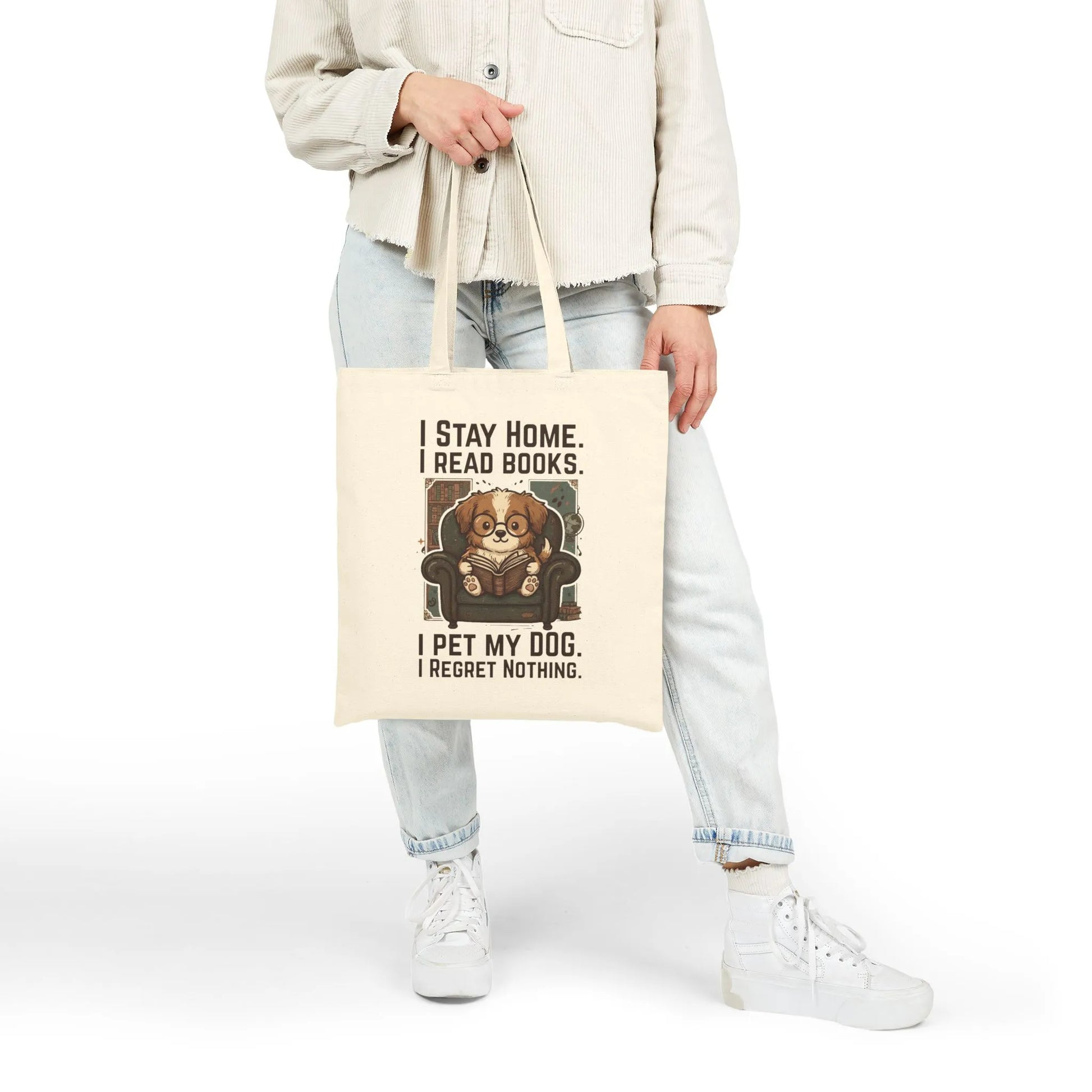 Library Dog Reader Tote Bag featuring a cute dog reading, perfect for book lovers and dog enthusiasts.