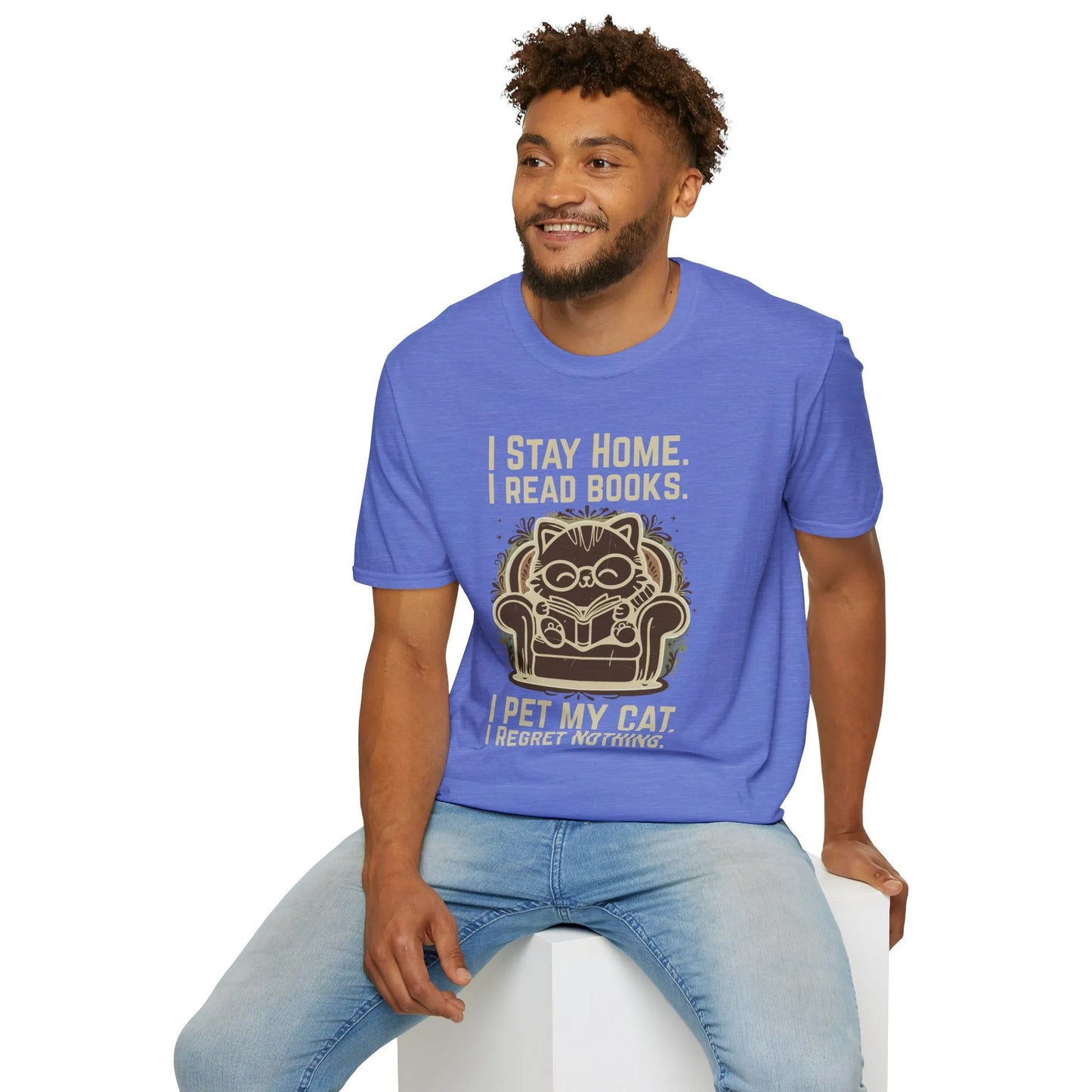 Ornament Cat Reader T-Shirt featuring a cat in glasses, fun text about reading and pets, cozy shirt for book lovers.