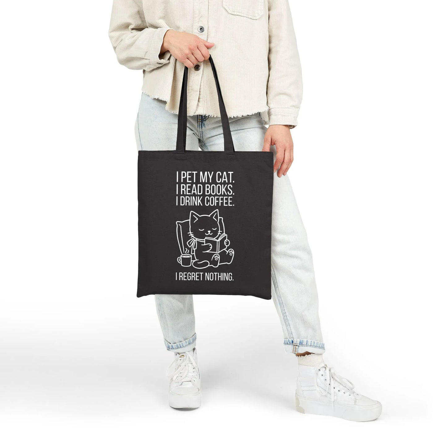 Cat. Books. Coffee. Tote Bag featuring a cute cat, reading books and sipping coffee, with the text I regret nothing. Perfect gift for book lovers.