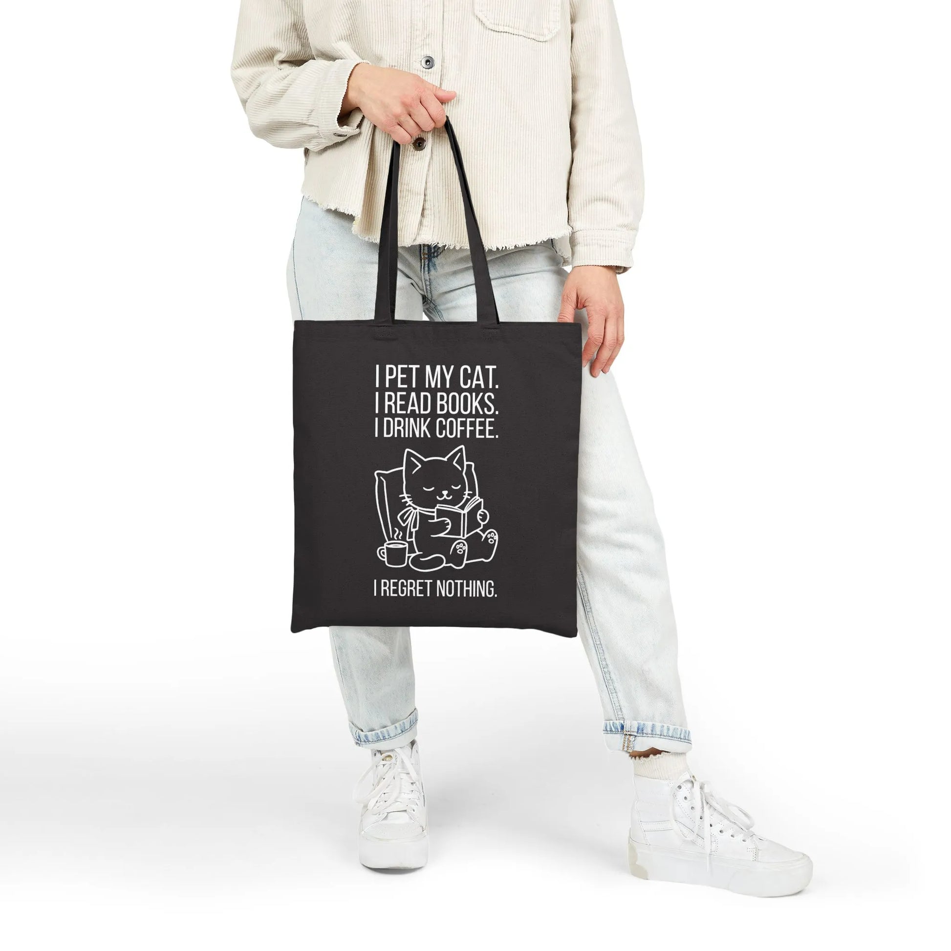 Cat. Books. Coffee. Tote Bag featuring a cute cat, reading books and sipping coffee, with the text I regret nothing. Perfect gift for book lovers.