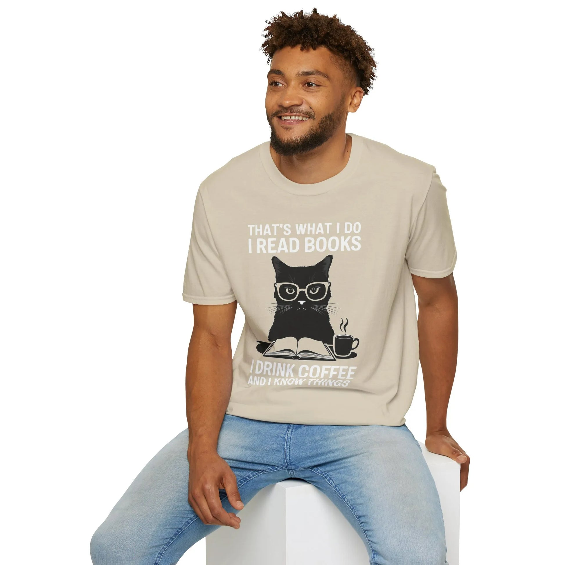 Funny book lover shirt featuring a cat in glasses with coffee, perfect gift for cozy readers and cat enthusiasts.