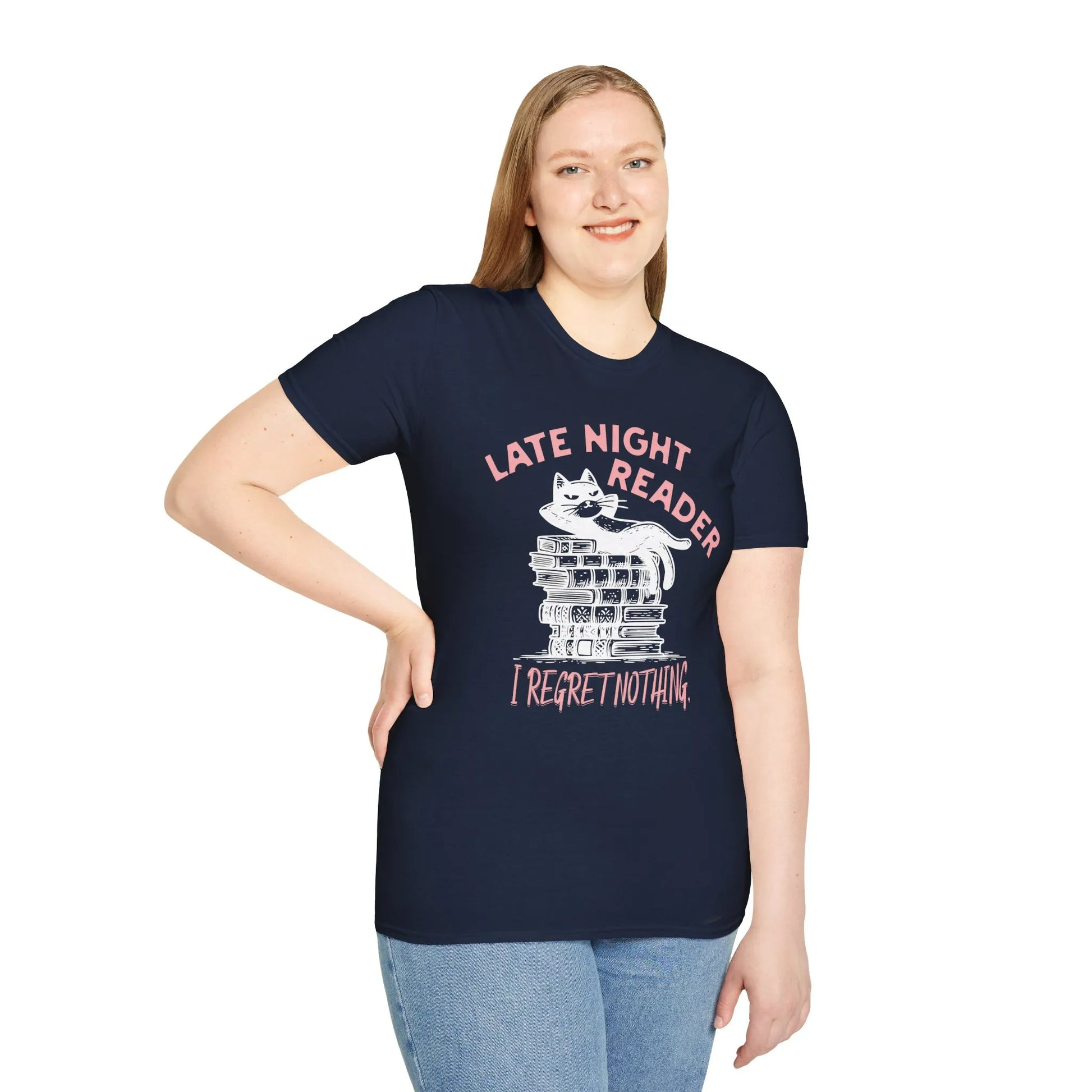 Late Night Reader T-Shirt featuring a relaxed cat on stacked books with 'I Regret Nothing' text, perfect gift for book lovers.