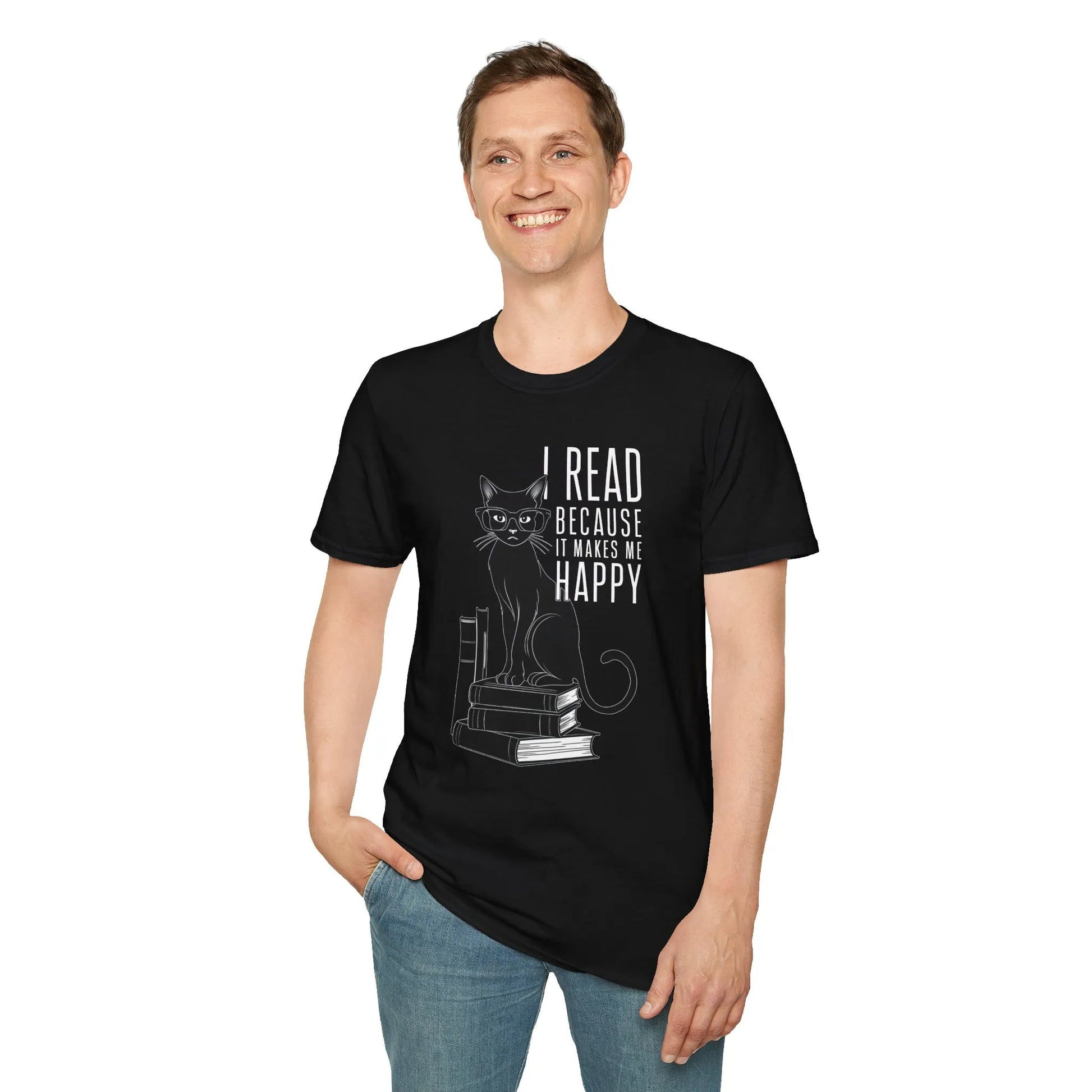 A cheerful man wears a black t-shirt with a playful cat illustration and text, "I read because it makes me happy". Perfect for book lovers!