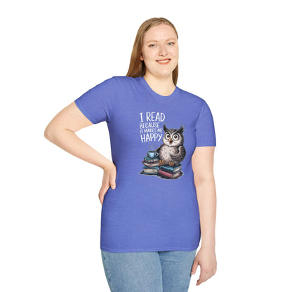 Happy Reader T-Shirt featuring an owl, cozy books, and coffee. Ideal gift for book lovers and introverts. Relaxed fit unisex design.