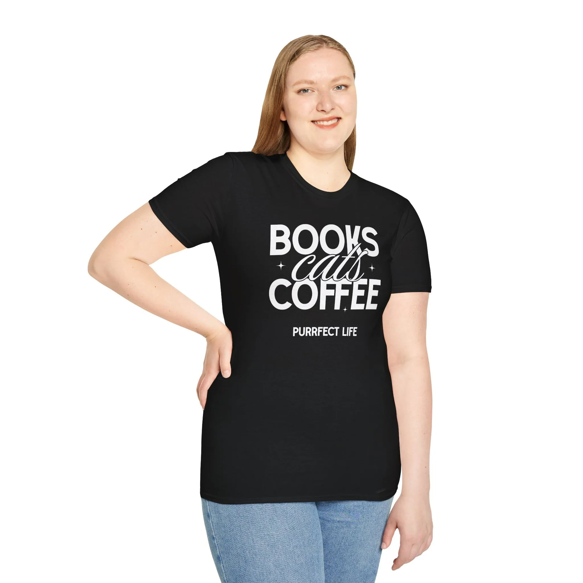 Trio of Joy T-Shirt featuring bold text: 'Books, Cats, Coffee, Purrfect Life', perfect gift for book lovers and cat enthusiasts.