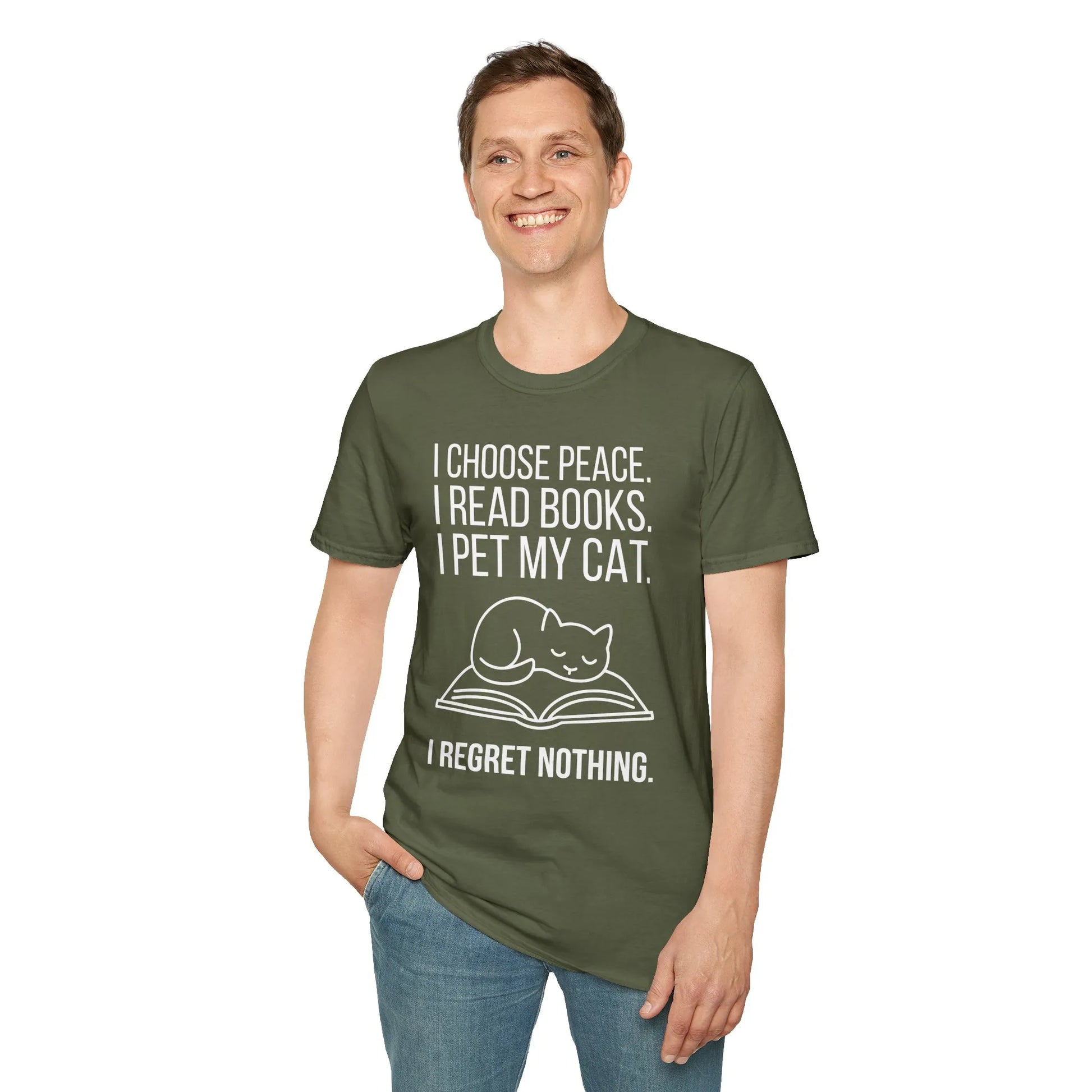 Man in olive green t-shirt with cat and book illustration, saying: 'I choose peace. I read books. I pet my cat. I regret nothing.'