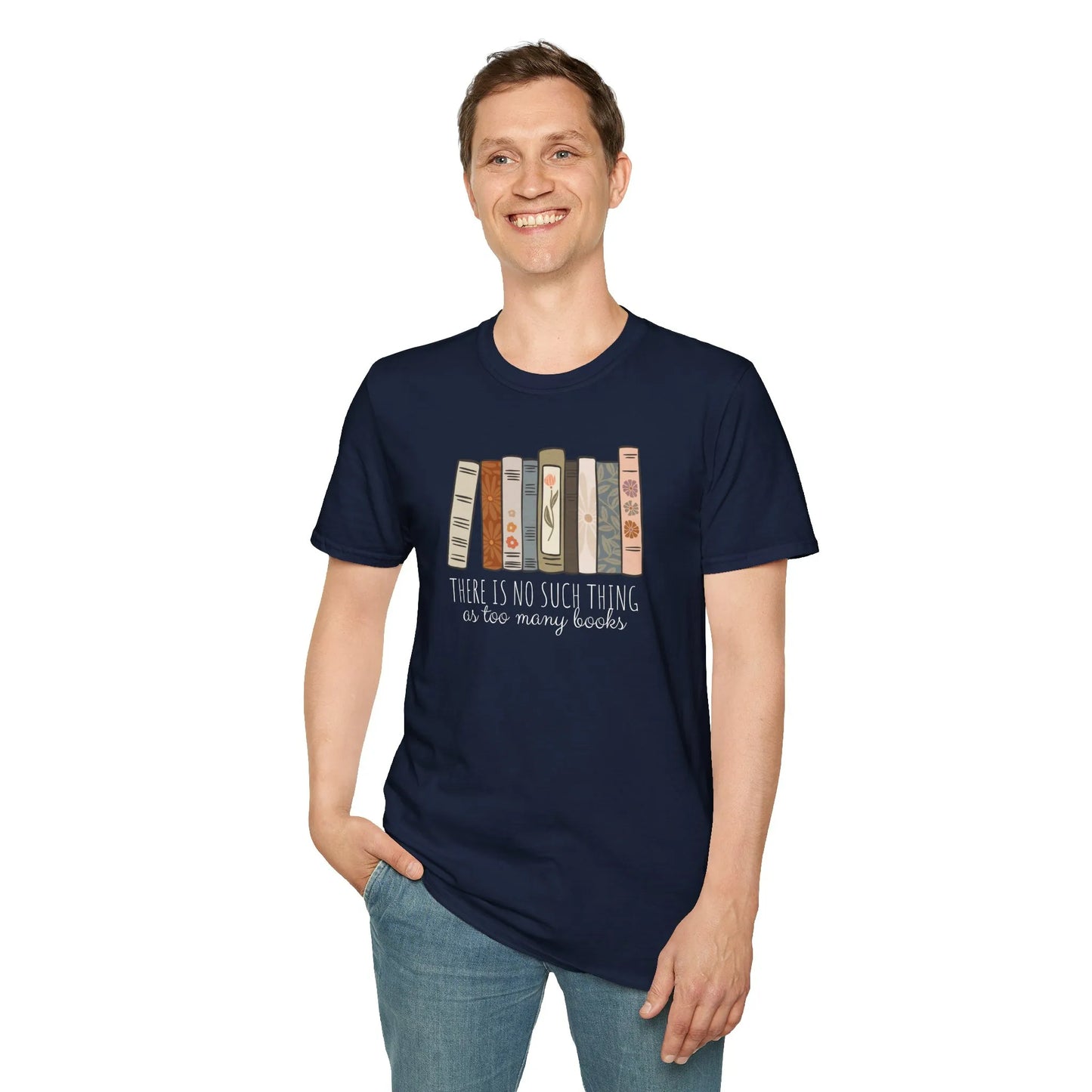 Man wearing a relaxed fit unisex Too Many Books T-Shirt made of organic cotton, showcasing colorful book spines. 📖 Perfect for readers!