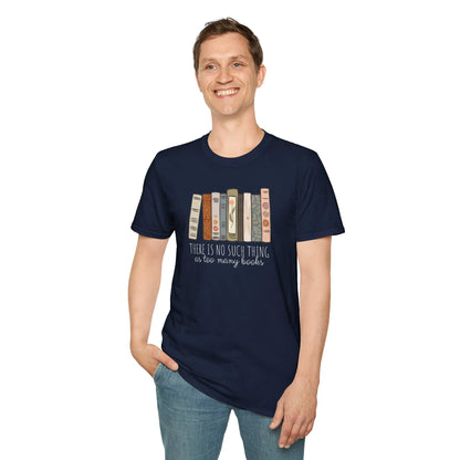 Man wearing a relaxed fit unisex Too Many Books T-Shirt made of organic cotton, showcasing colorful book spines. 📖 Perfect for readers!