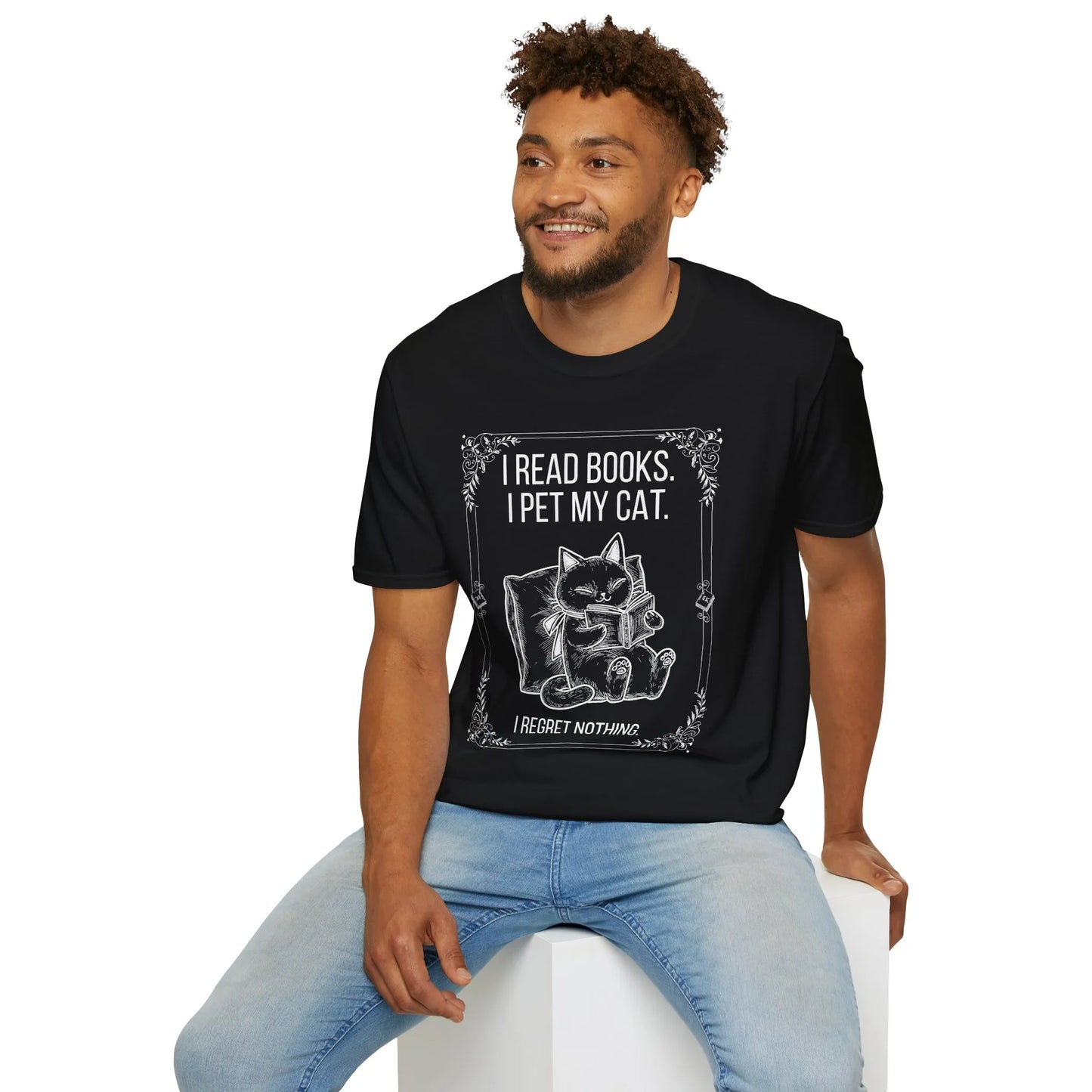 Read. Pet. No Regrets. T-Shirt featuring a black cat illustration, humorous reading theme for book lovers and cat enthusiasts.