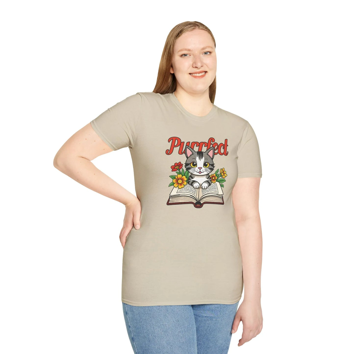Cozy ‘Purrfect’ tee featuring a kitten in a book with flowers, ideal gift for cat and book lovers.