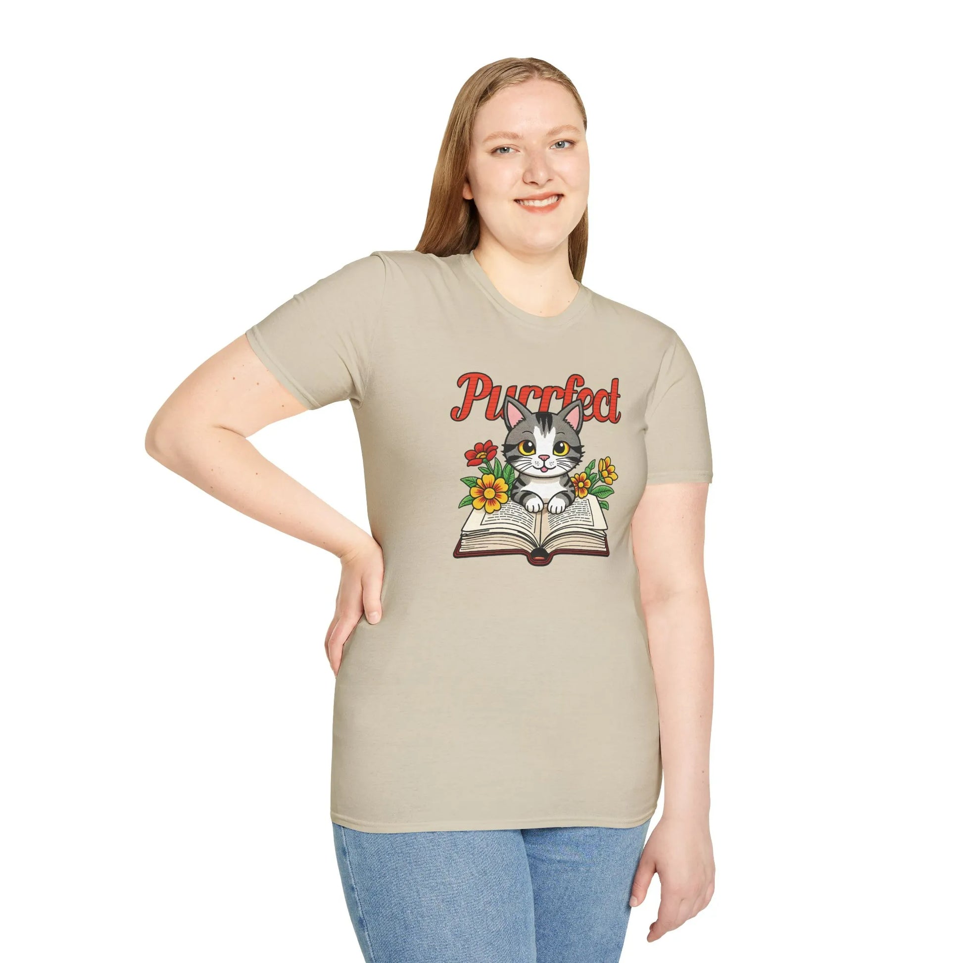 Cozy ‘Purrfect’ tee featuring a kitten in a book with flowers, ideal gift for cat and book lovers.