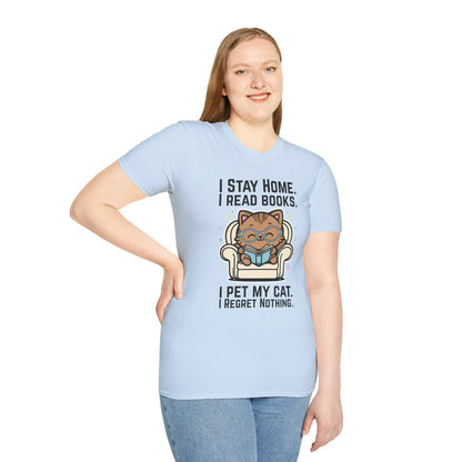 Starry Cat Reader T-Shirt featuring a comfy tee with a cat in glasses, reading and playful text, perfect for cozy book lovers.
