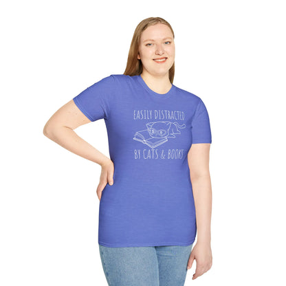Easily Distracted by Cats & Books t-shirt in blue, perfect for book lovers and cat enthusiasts.